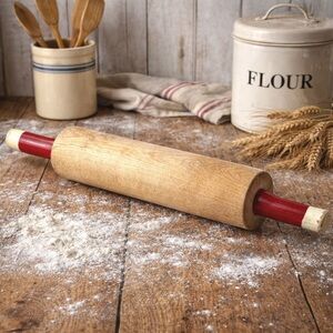 Vintage Primitive Wood Rolling Pin Red & White Handle Farmhouse Retro Kitchen